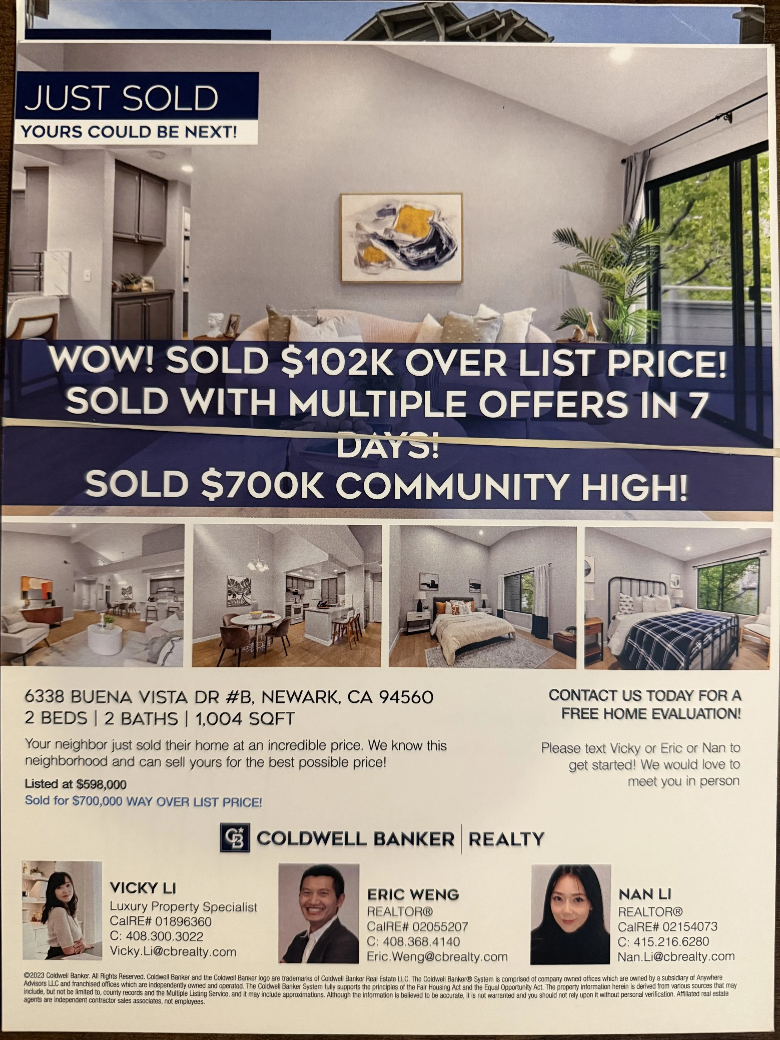 Real estate advertisement for a property sold by Coldwell Banker Realty, featuring interior photos of a living room, dining area, bedroom, and another bedroom, with agent contact information.