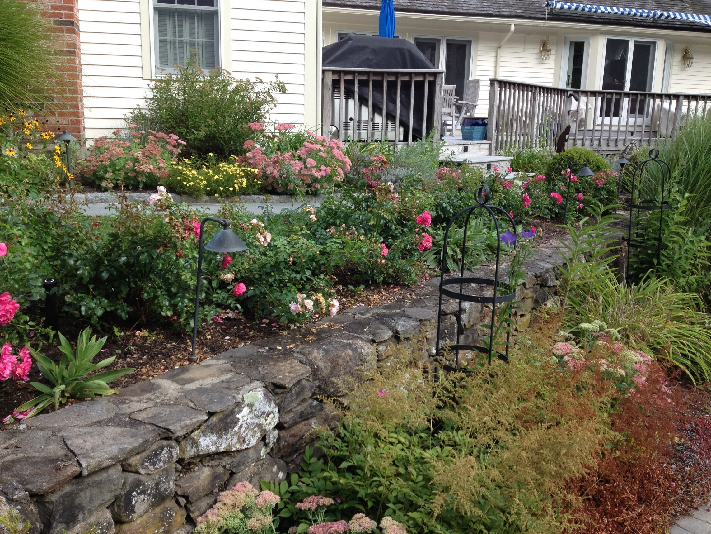 A backyard garden with blooming pink, yellow, and purple flowers, a stone retaining wall, black garden decor, and a wooden deck with outdoor furniture in the background.