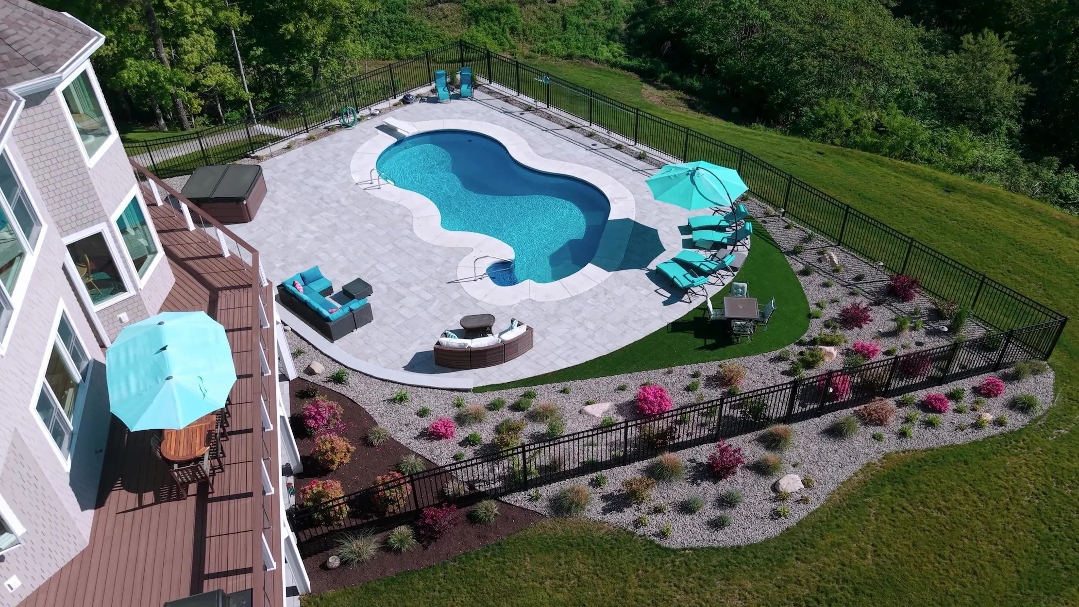 Travertine pavers for pool patio in Plymouth backyard