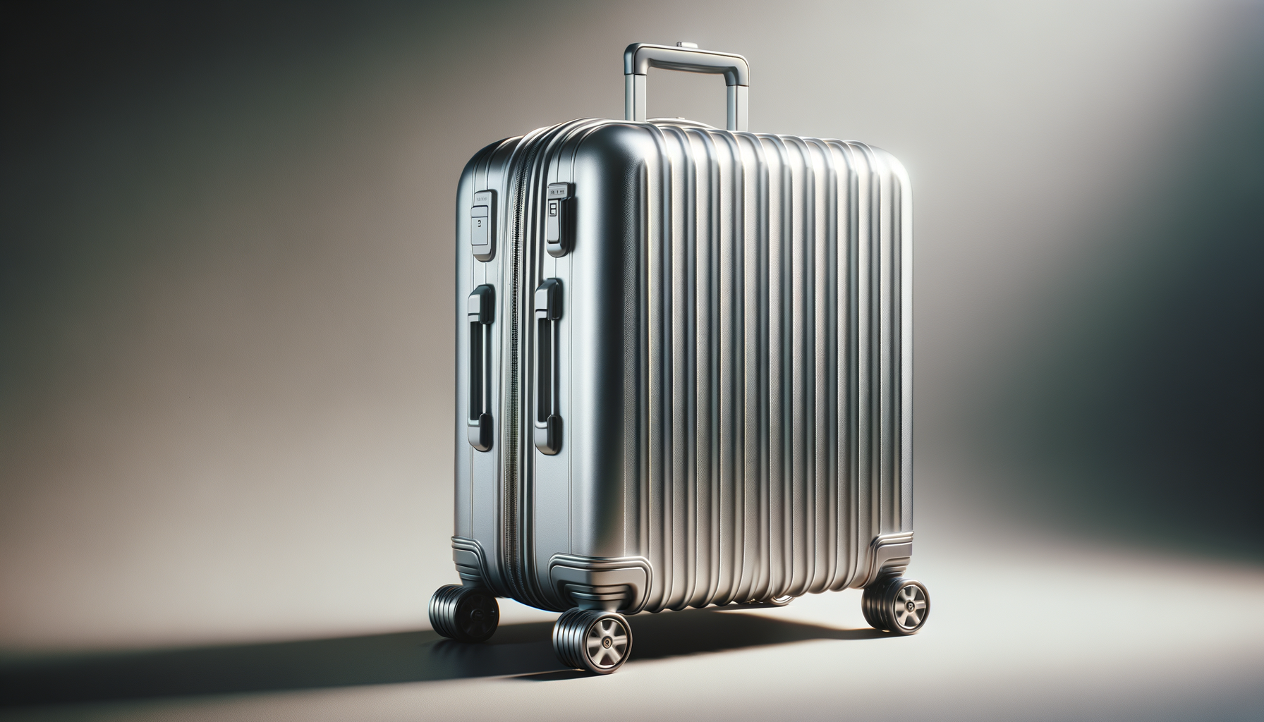 Silver hard-shell rolling suitcase with four wheels and retractable handle on a gradient background.