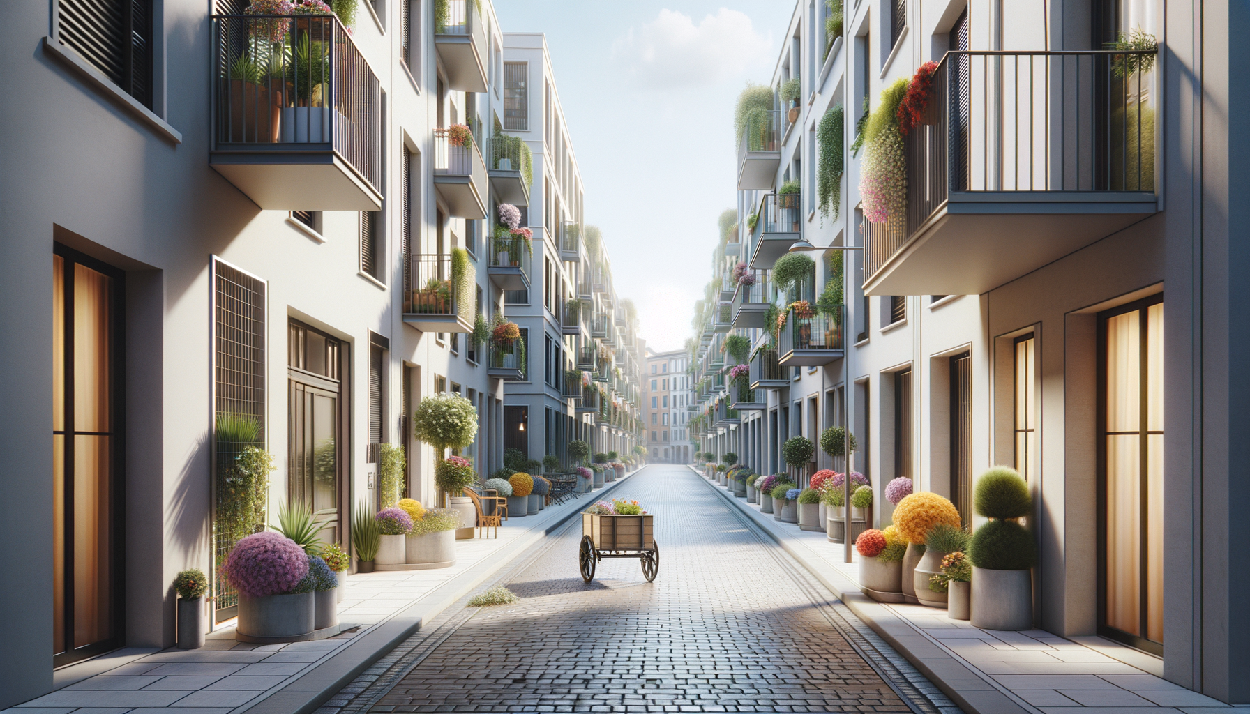 A peaceful urban street scene with modern apartments on both sides, decorated with colorful potted plants and flowers. A cart is centered on the cobblestone street, with benches and greenery lining the sidewalks.