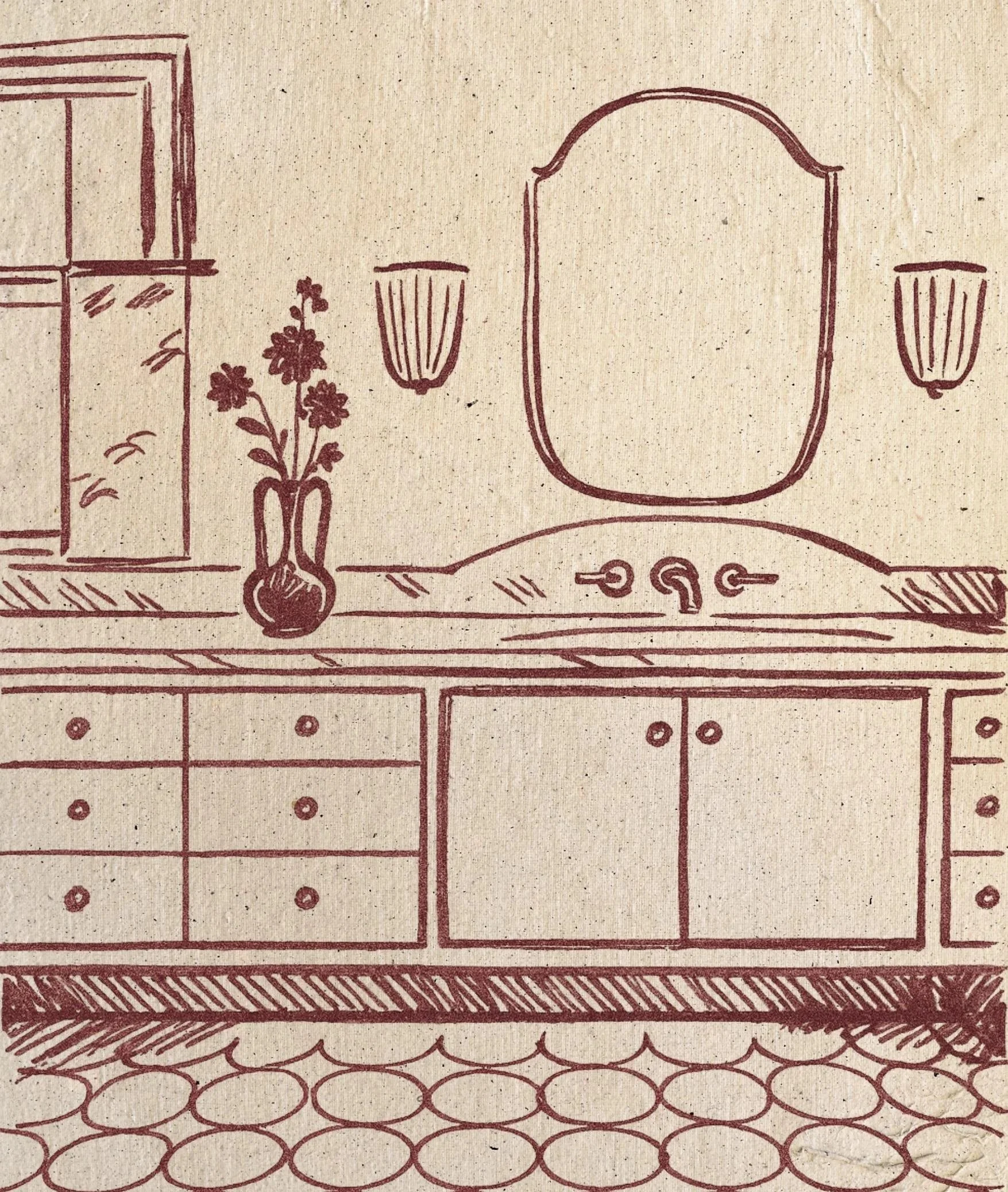 Line drawing of a bathroom vanity with a mirror, two wall-mounted light fixtures, a vase with flowers, and a cabinet below the sink.