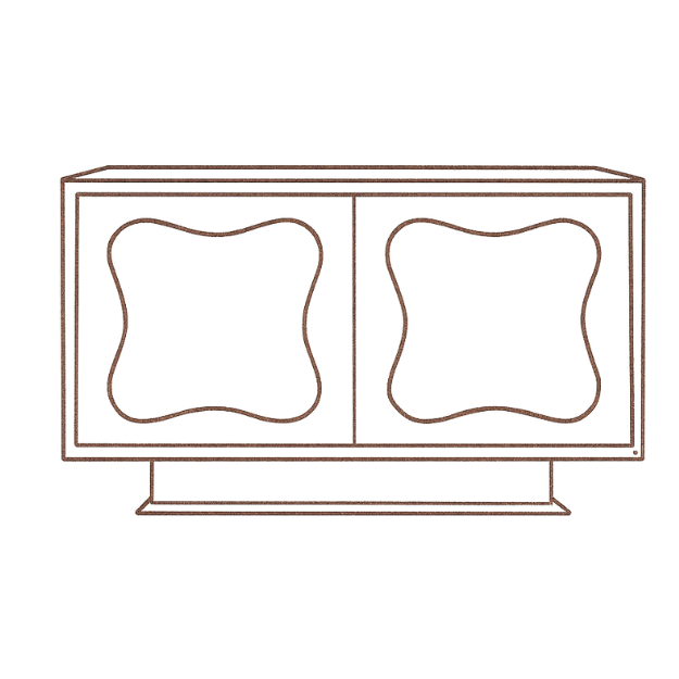 A modern flat-screen TV displaying twin dog-shaped frames, with one frame highlighting a gray background and the other a white background, within a wooden TV stand.