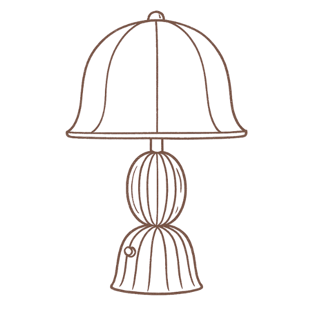 Outline of a table lamp with a curved lampshade and decorative base.