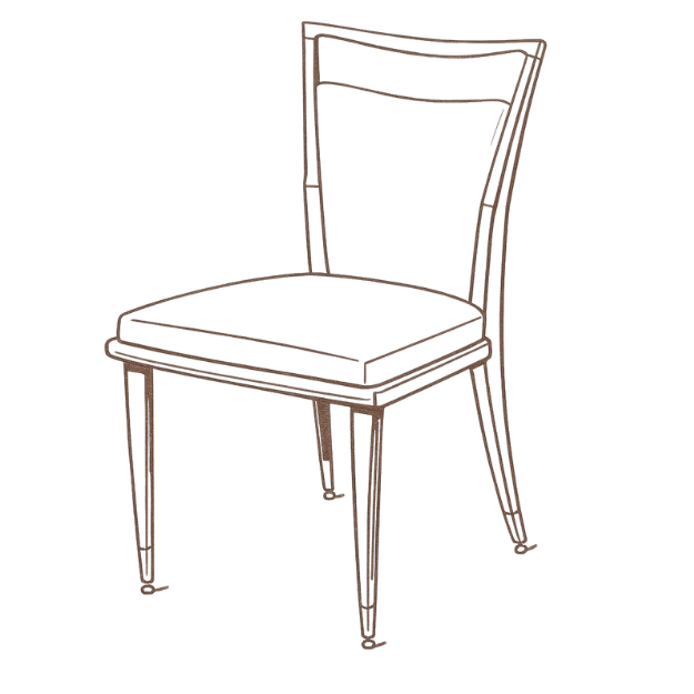 Simple line drawing of a wooden chair with a cushioned seat and a tall, straight backrest.