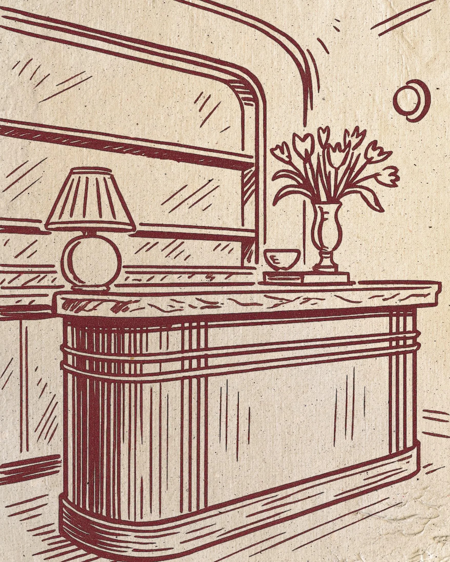 A line drawing of a wooden dresser with a mirror on top, decorated with a vase of tulips, a small bowl, and a table lamp with a shade.