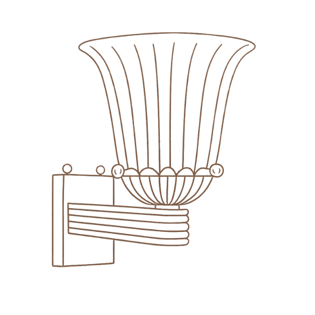 A decorative wall sconce light fixture with a wireframe shade and a rectangular base.