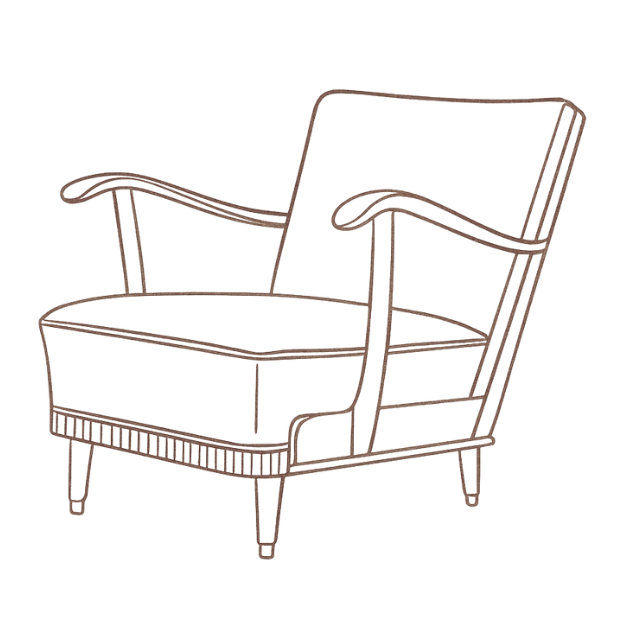 Line drawing of a vintage armchair with a cushioned seat, backrest, and wooden armrests and legs.