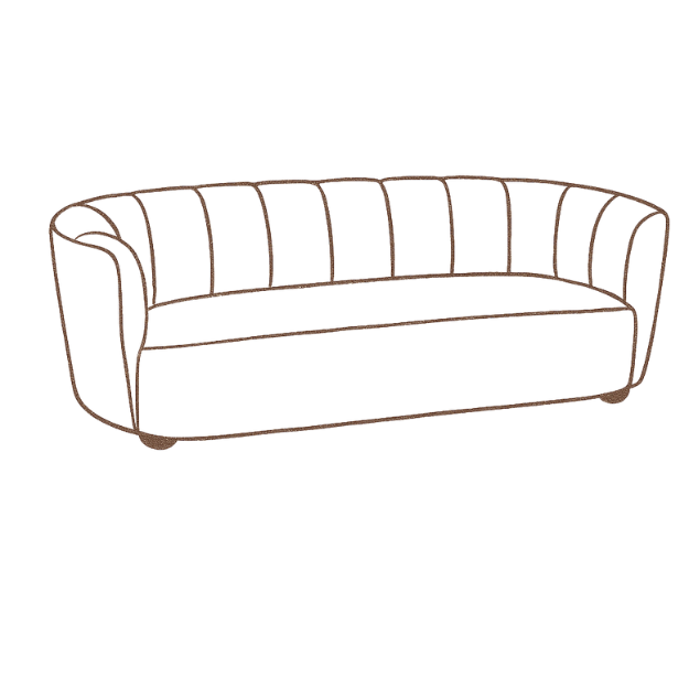 A sketch of a vintage sofa with a curved back and metal frame.
