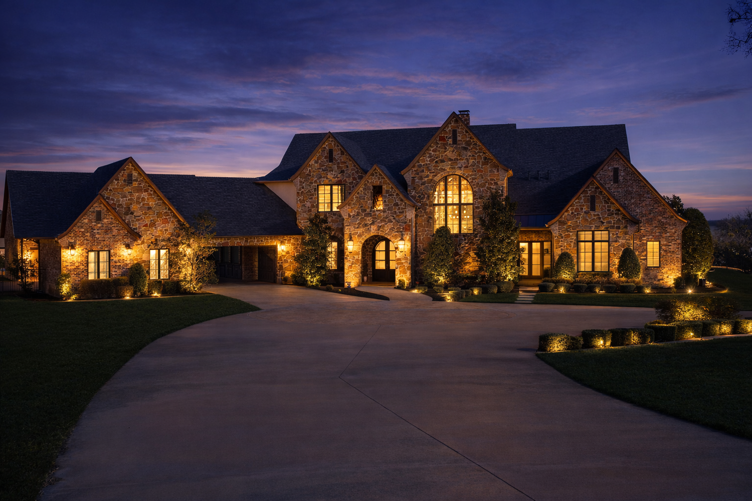 Virtual twilight exterior photography with illuminated windows and sunset colors