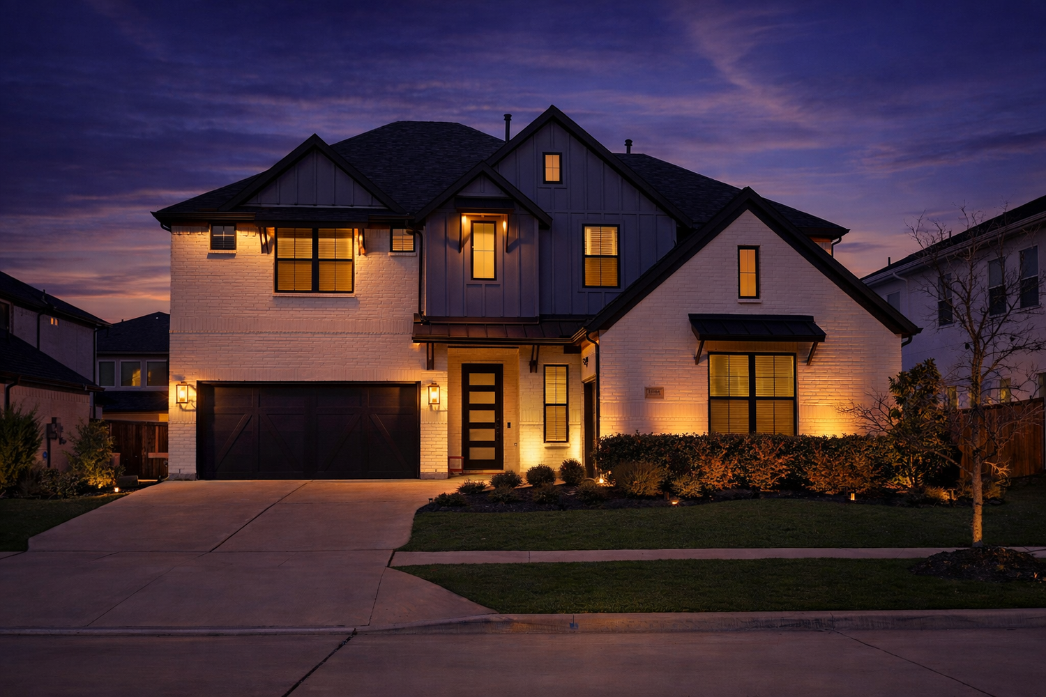 Evening sky replacement and exterior house glow enhancement by Future Media Dallas