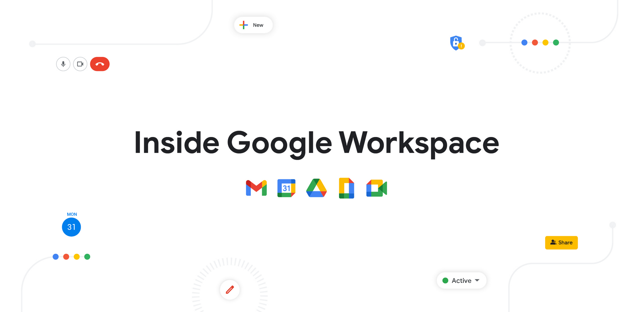 Skjermbilde av innside Google Workspace-siden med ikoner for Gmail, Google Kalender, Google Drive, Google Meet og Google Chat.