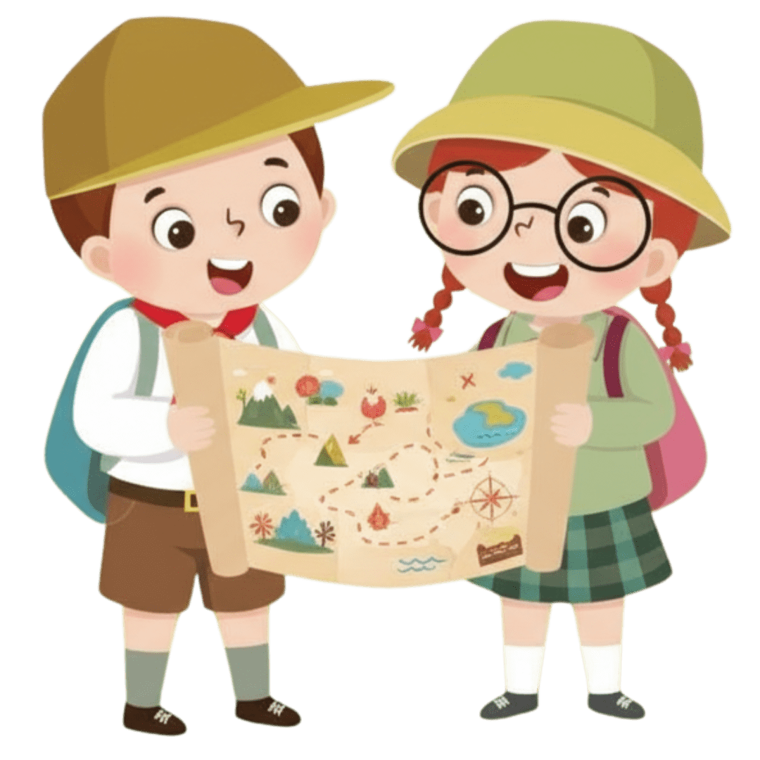 Two kids exploring a map highlighting the Arabic curriculum overview