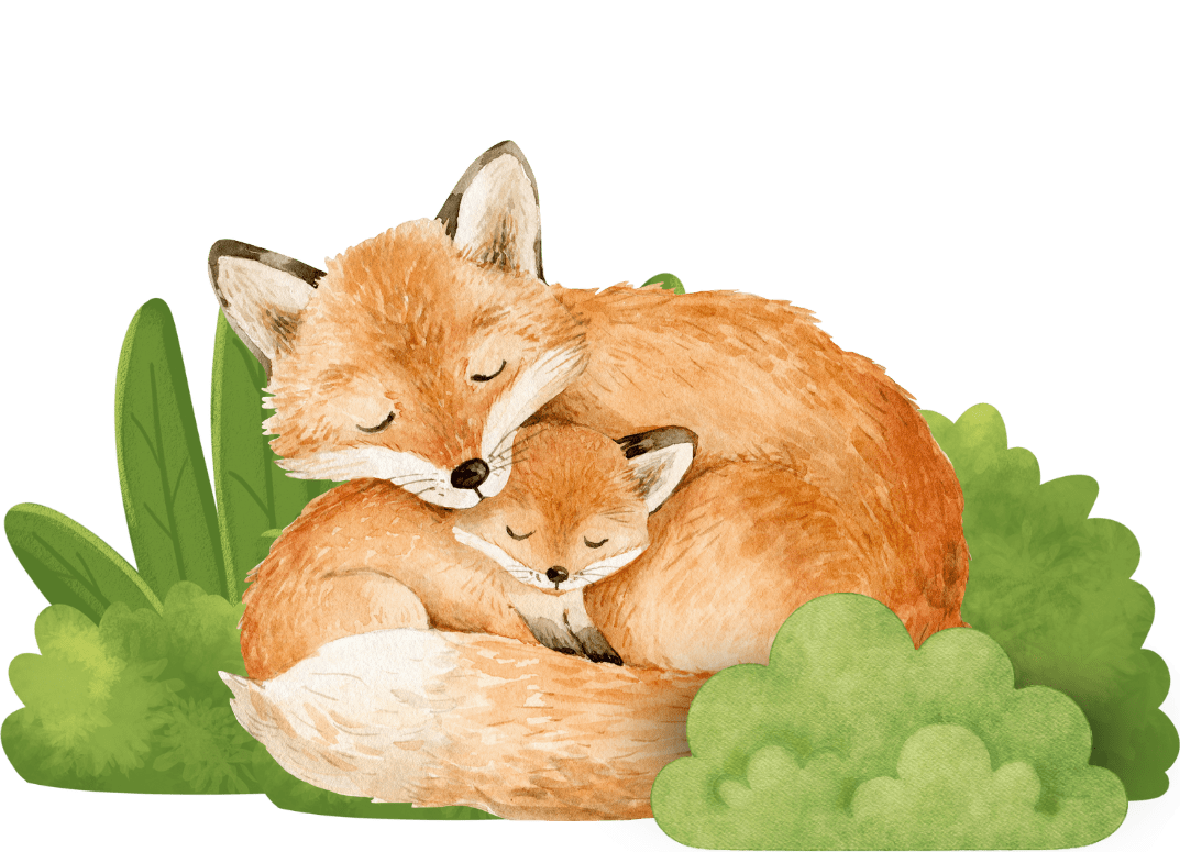 Watercolor illustration of a mother fox and her kit curled up together, sleeping among green bushes.