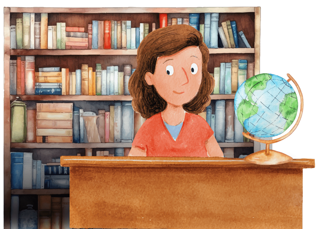 A girl with brown hair  and an orange shirt sitting at a desk in a library, with a globe next to her, and shelves filled with books in the background.