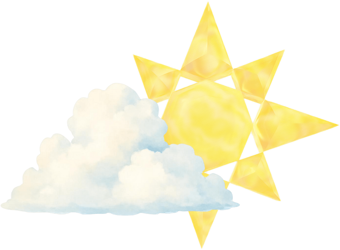 A glowing star rising through the clouds.