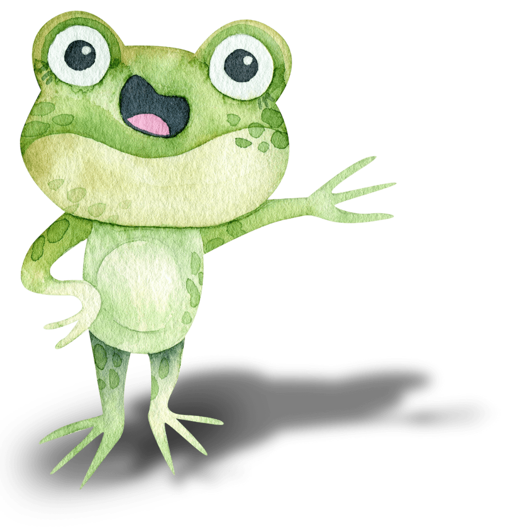 Frog highlighting the follow us @ section for social media.