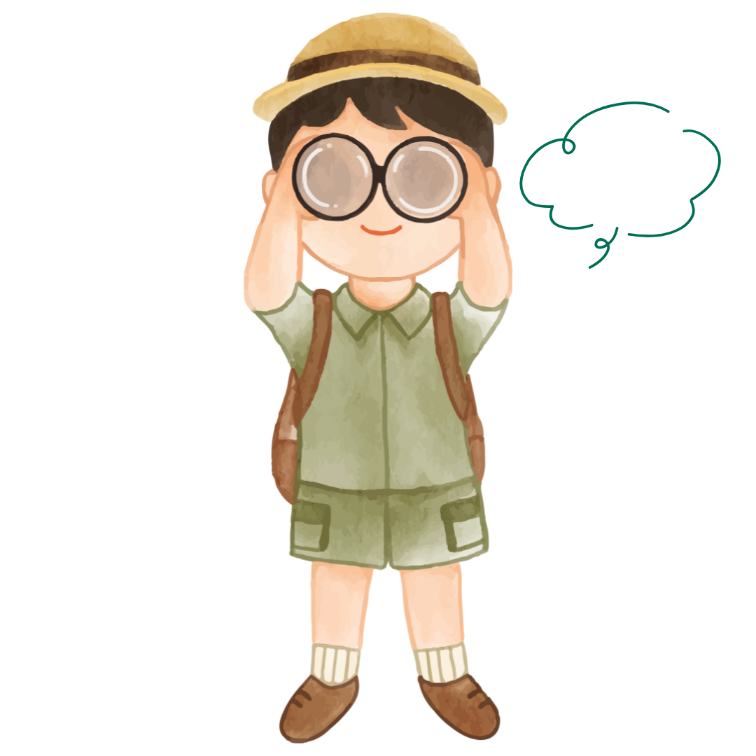 Child exploring with binoculars, symbolizing clear instructions in English and Arabic.