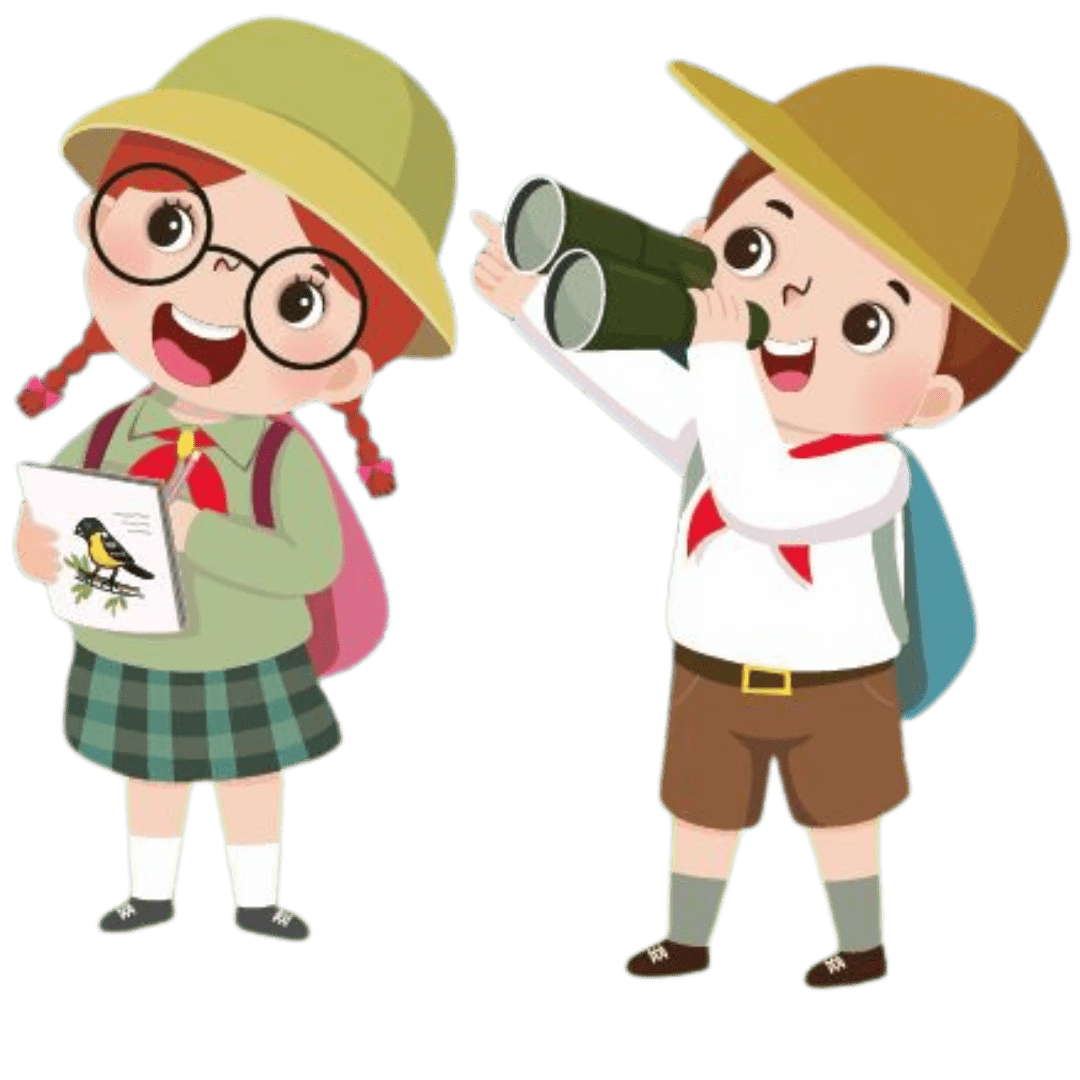 Kids exploring and learning, boy with binoculars, girl with a book, symbolizing discovery and the start of the Arabic curriculum journey.