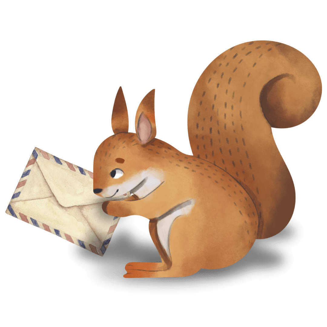 Squirrel with letter inviting visitors reach out via contact us page.