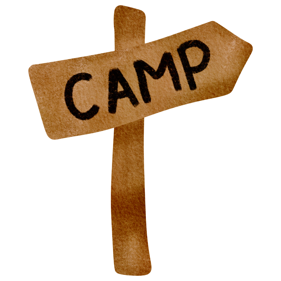 A wooden signpost with the word 'CAMP' written on it, pointing to the right.
