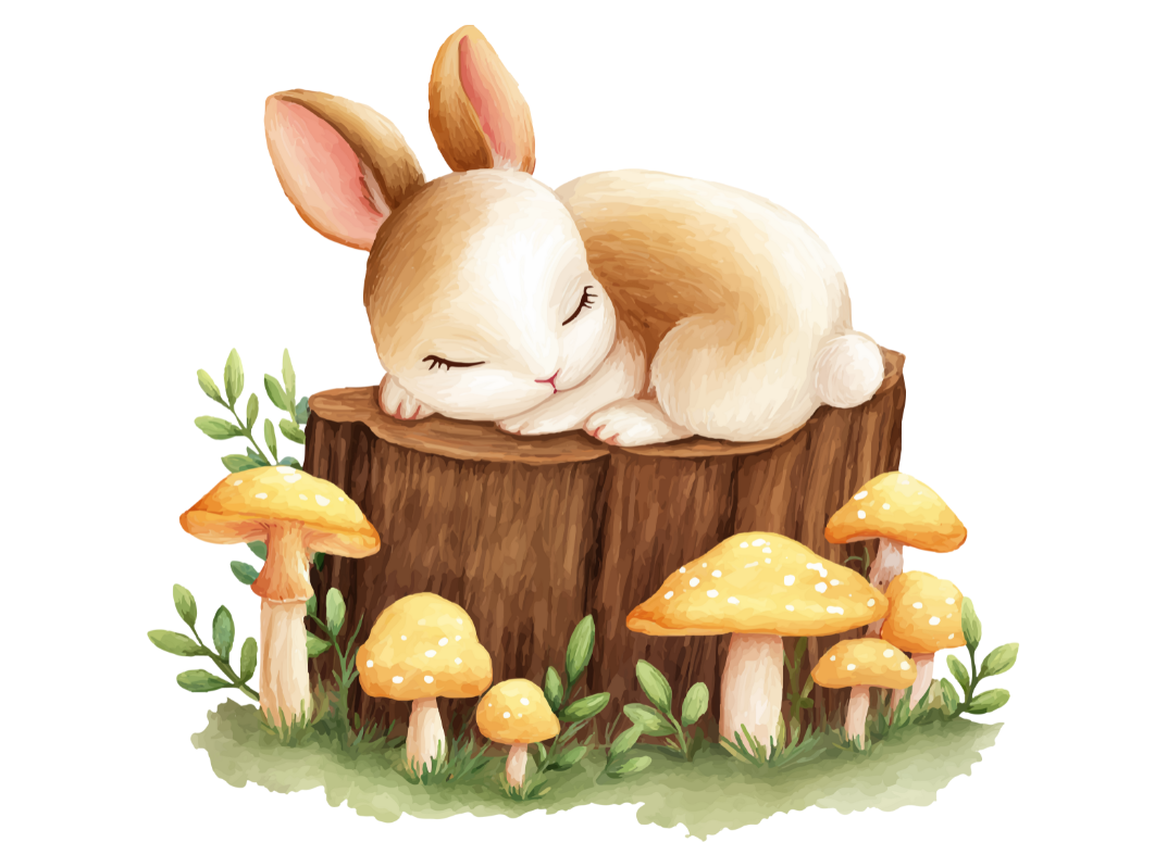 A sleeping baby bunny curled up on a tree stump surrounded by yellow mushrooms and green foliage.