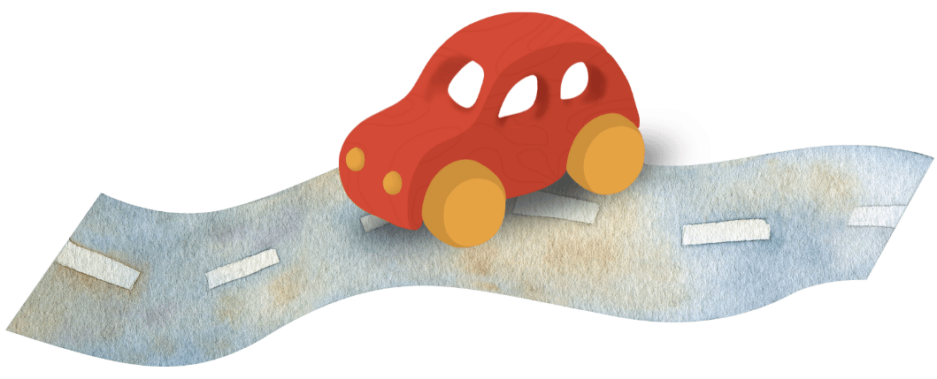 A small toy car with a red body, yellow wheels, and black holes in the roof, placed on a white strip that resembles a road or bandage, with a black background.