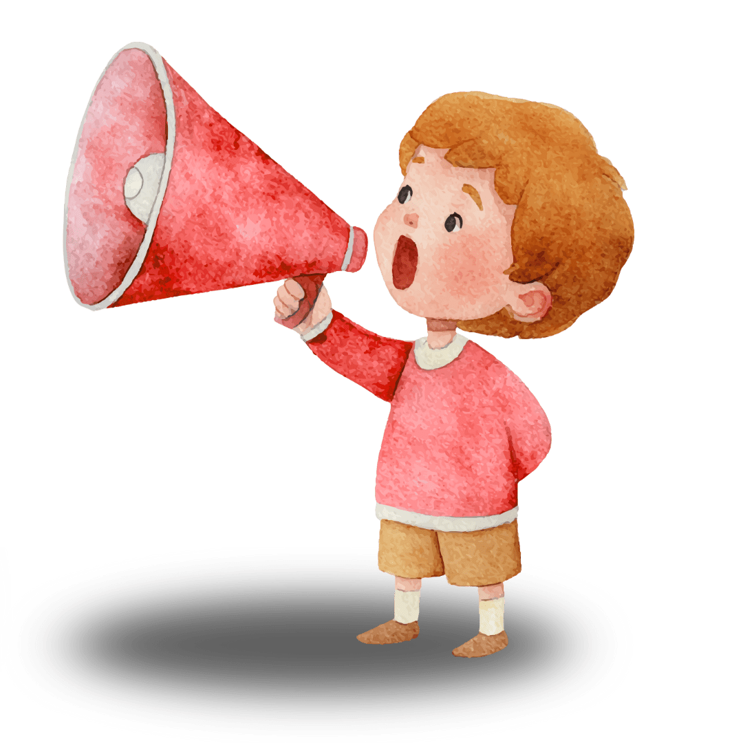 A young girl with brown hair is holding a red megaphone and appears to be shouting.