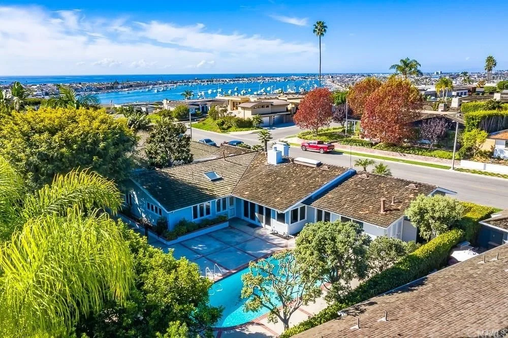 Aerial view of a suburban neighborhood with houses, trees, and a swimming pool, with a backdrop of water and a city skyline in the distance.