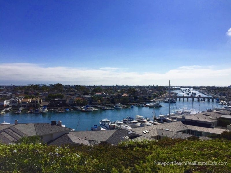 A view of a harbor with boats docked, surrounded by residential buildings and greenery, under a blue sky with some clouds.