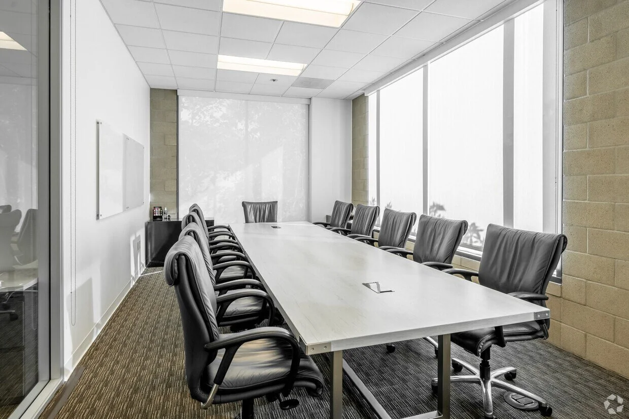 Empty conference room with a long table, black leather chairs, large windows, and bright natural light.