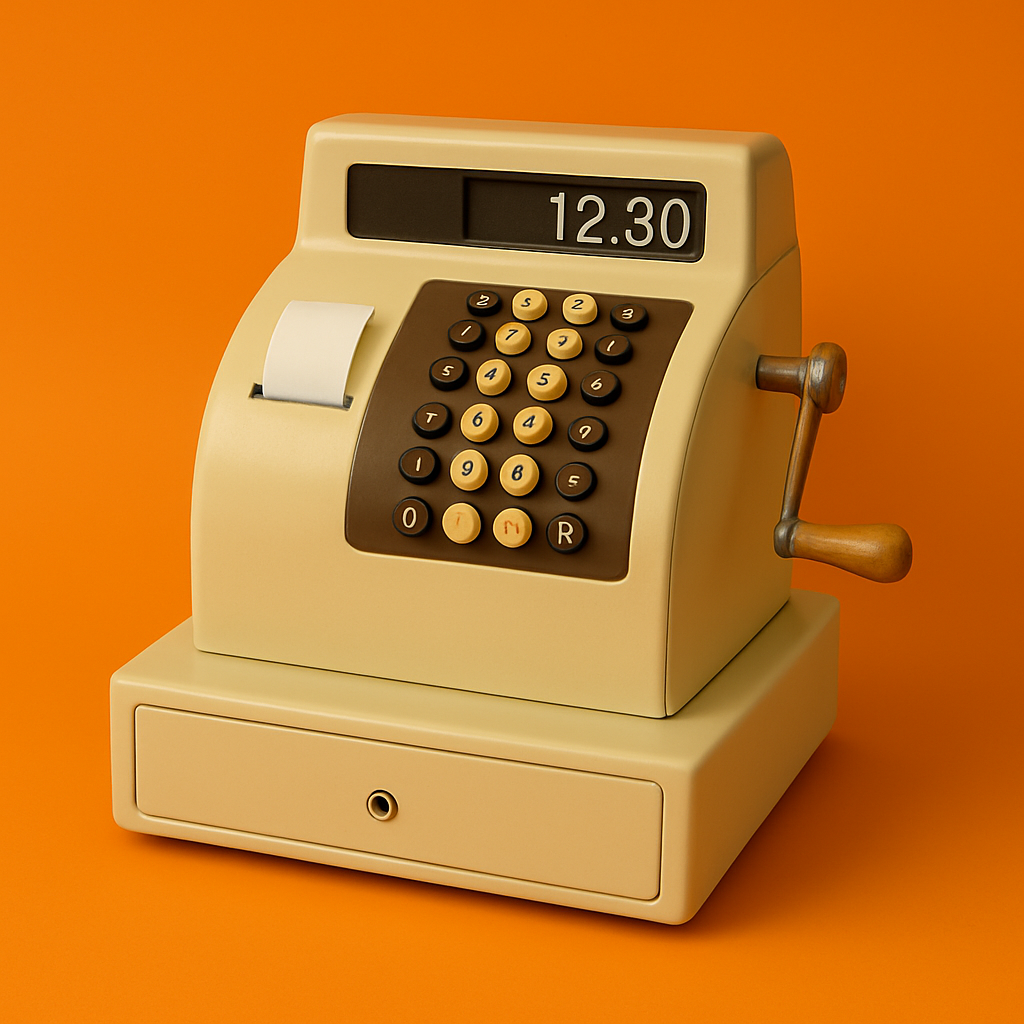 Vintage cash register with a display showing 12.30, set against an orange background.