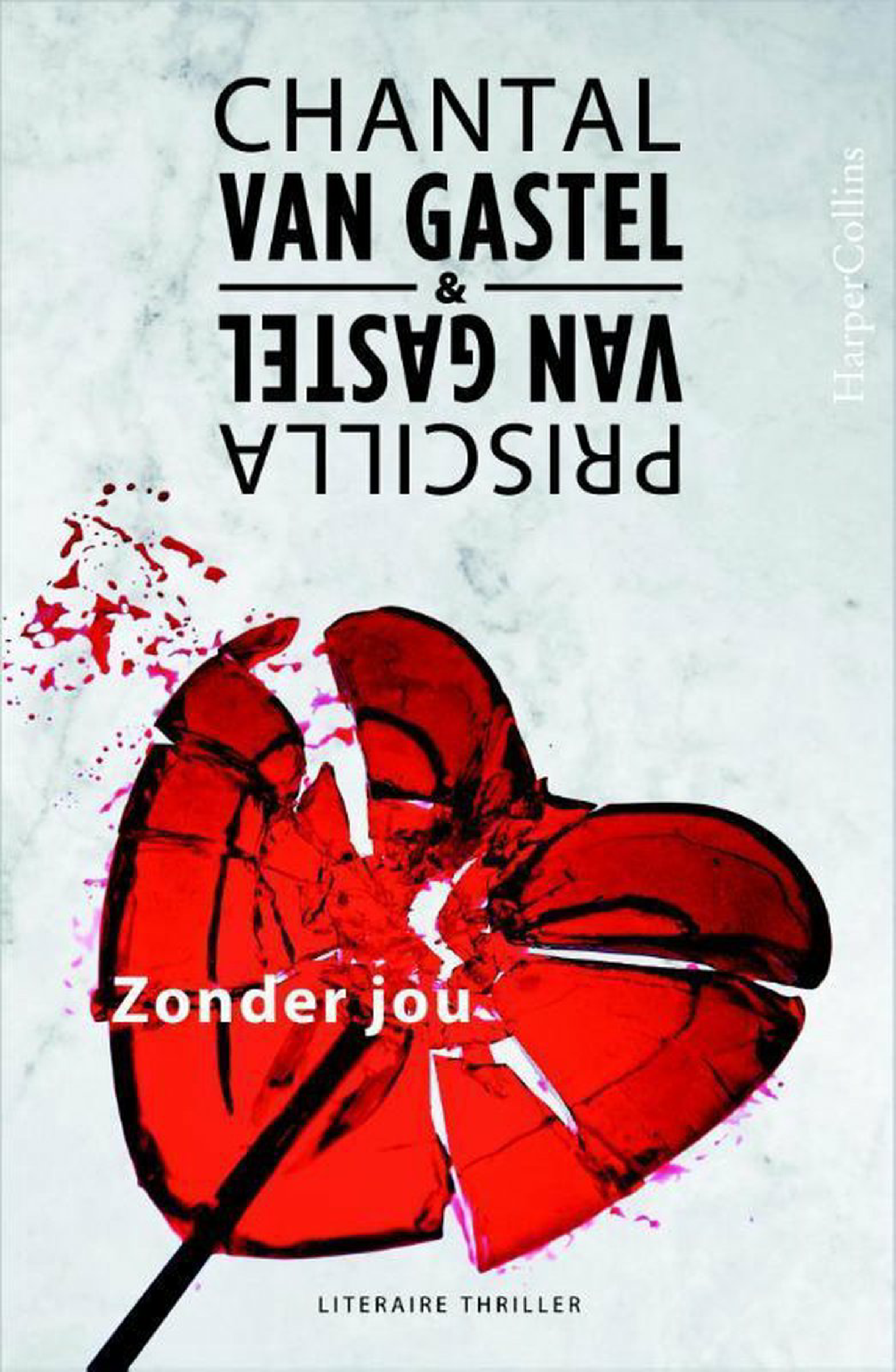 Book cover with a shattered red heart illustration, black and white text with the title and authors, and the word "Zonder jou" in white.
