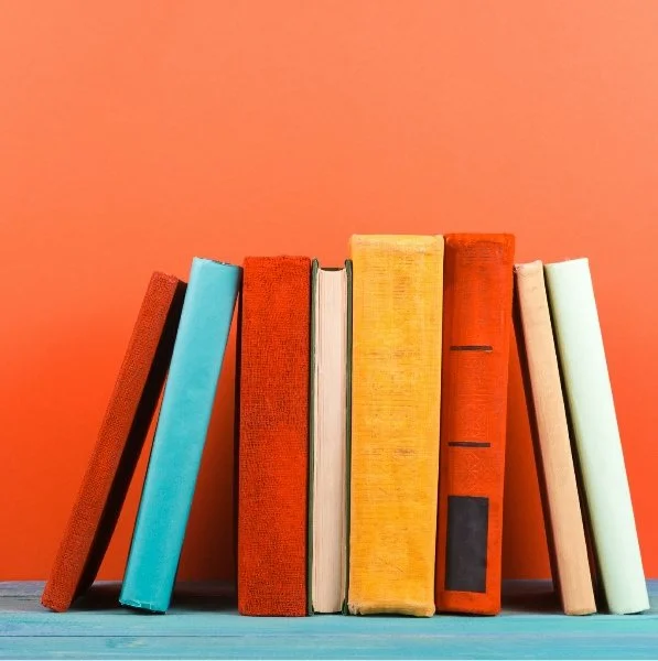 A row of hardcover and paperback books standing upright on a blue surface against an orange background.