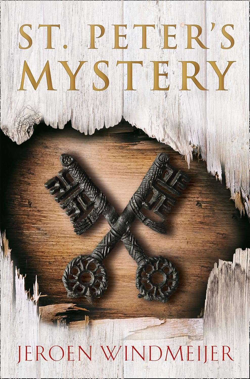 Book cover titled "St. Peter's Mystery" by Jeroen Windmeijer, featuring two crossed antique keys on a wooden background, with a distressed white wood border.