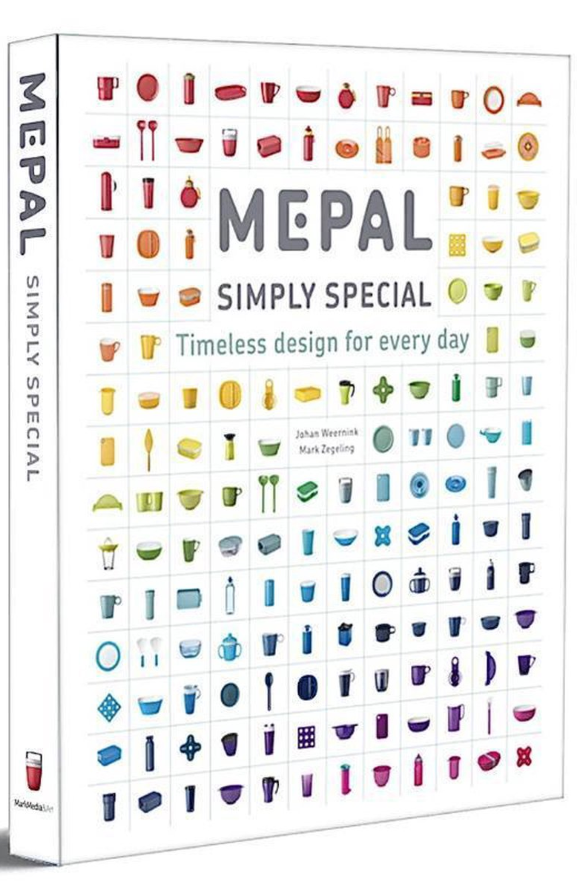 A colorful box of cutlery and dishware icons representing different types of utensils, cups, plates, and food items, with the text "MEPAL Simply Special" and "Timeless design for every day."