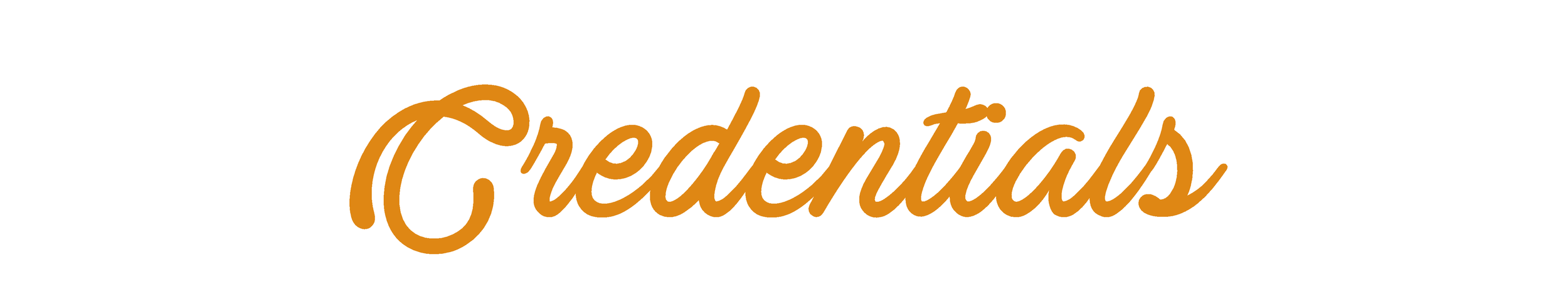 Credentials written in cursive orange font on a white background.