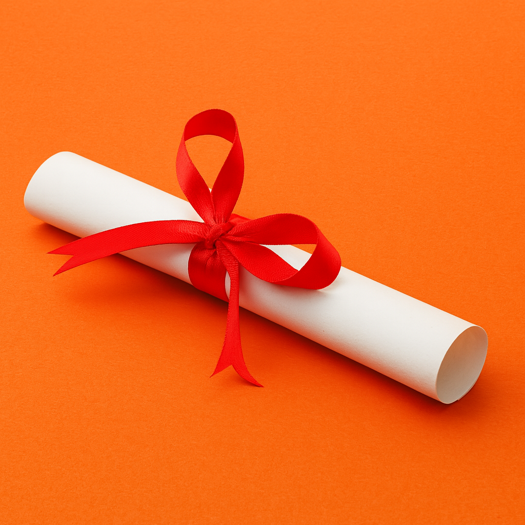 A rolled white diploma tied with a red ribbon bow, set on an orange background.