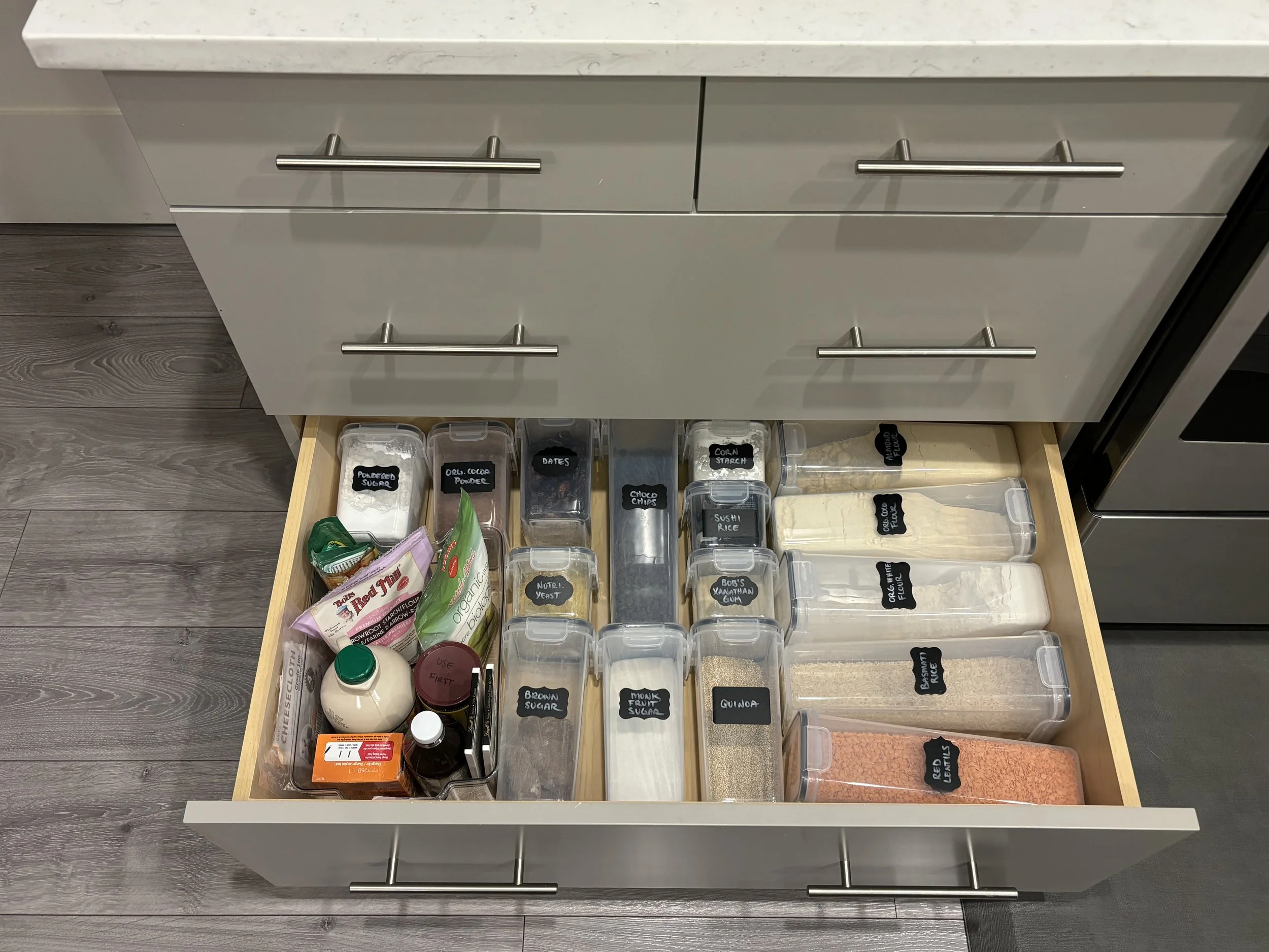 AFTER: Items used less frequent went in this lower drawer, and were generally categorized as baking. 