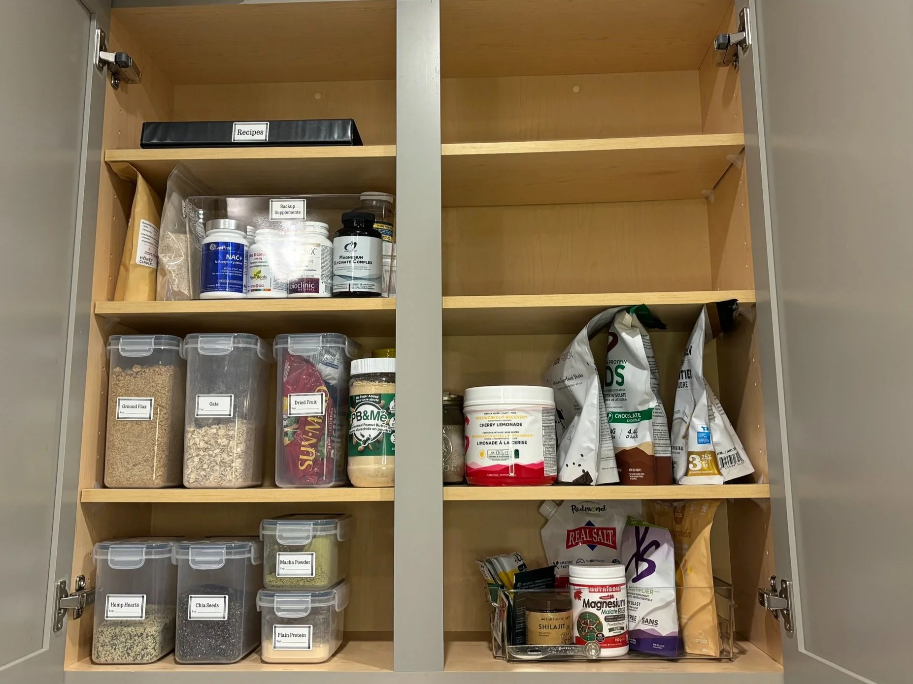 AFTER: Protein snack accoutrements + vitamins and we added all her loose recipes into a binder.