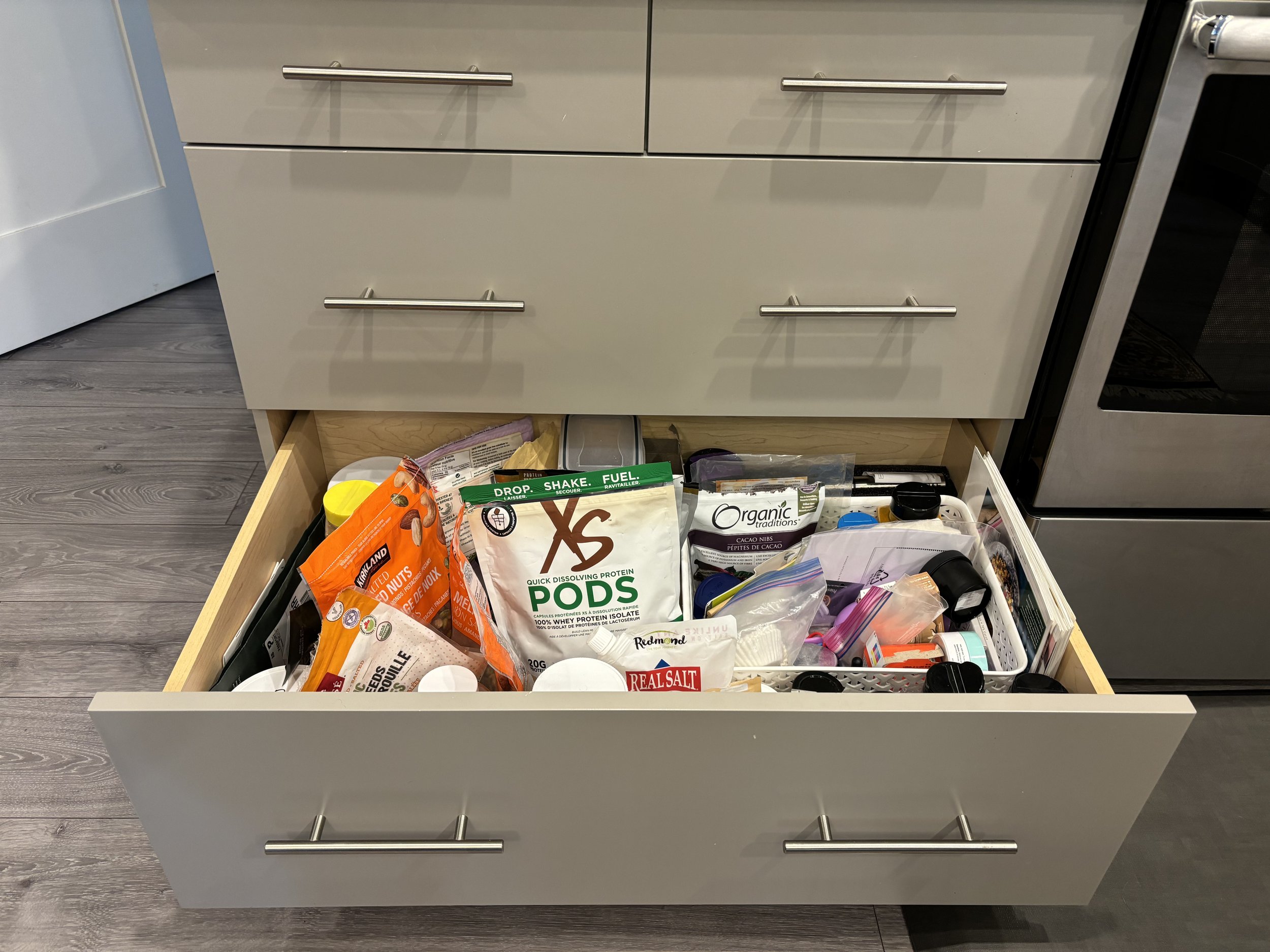 BEFORE: A mixture of protein shakes, baking, measuring cups and extra vitamins.