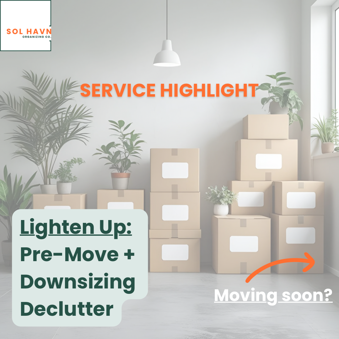 Moving boxes and potted plants in a bright room with a window, with text overlay about service highlight, pre-move downsizing, and decluttering.