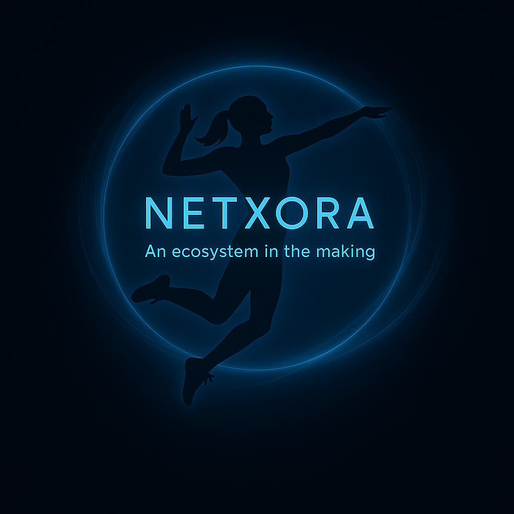 Silhouette of a woman jumping and stretching with one arm raised, surrounded by glowing blue circles, with the text 'NETXORA' and the tagline 'An ecosystem in the making' in the center.