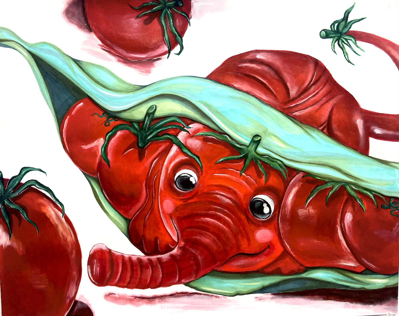 26 × 21 in.
A large-scale fine art piece exploring identity, assimilation, and visibility through metaphor. The elephant tomato enclosed within a pea pod serves as a symbolic representation of my experience growing up Asian American in spaces where A