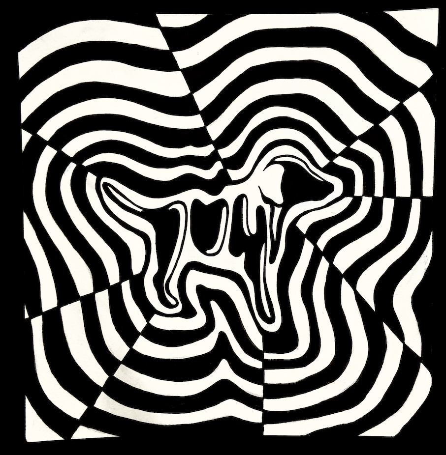 Ink on paper, 5 × 5 in. 
A hand-inked abstract illusion using typography to construct the silhouette of my dog, Luna. Exploring contrast, distortion, and the relationship between text and form through  pattern.