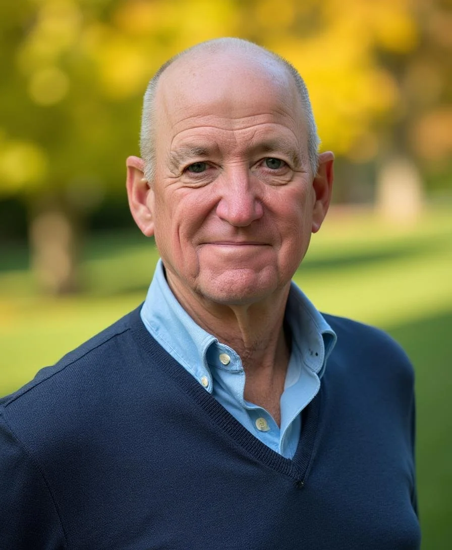 Bob Gorrell pictured with a light blue collared shirt and dark blue sweater standing outdoors in a park during fall, with blurry trees and yellow leaves in the background.