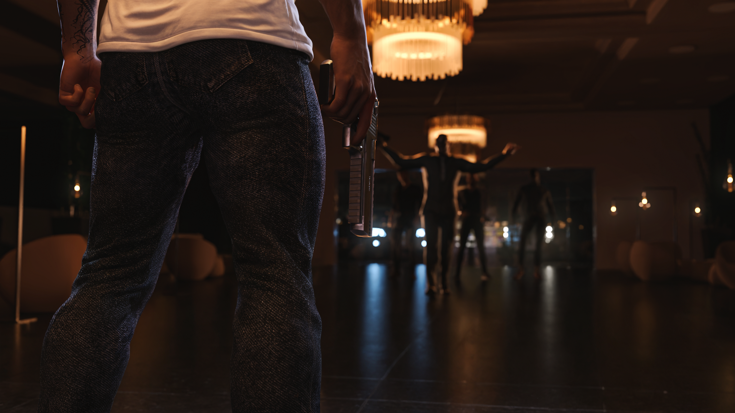 Dan facing Riggs and his goons in Hotel Brava with their guns drawn