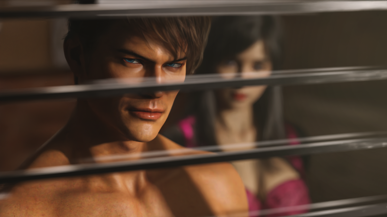Theo looking out a window with the blinds open, tense expression