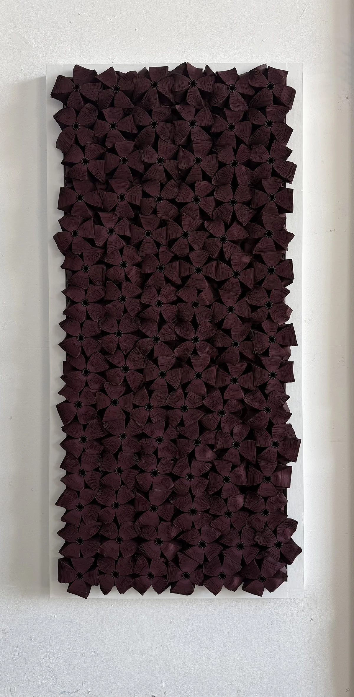 Burgundy, Rolled Paper, Pigmented Ink and Glue in Wood Frame,  48" x 23" x 3.5"