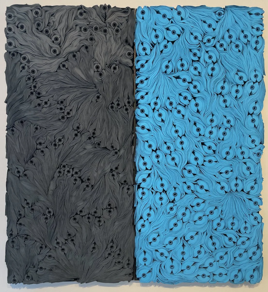 Gray and Sky Blue, 2023
Rolled paper, Sumi ink, colored ink in steel frame, 48.5 x 22.5 x 3 in